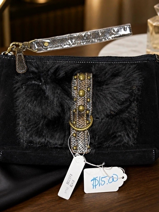 Handbags - Women’s Black Clutch Wristlet, Zip Closure, Faux Fur Trim, Studded, Small